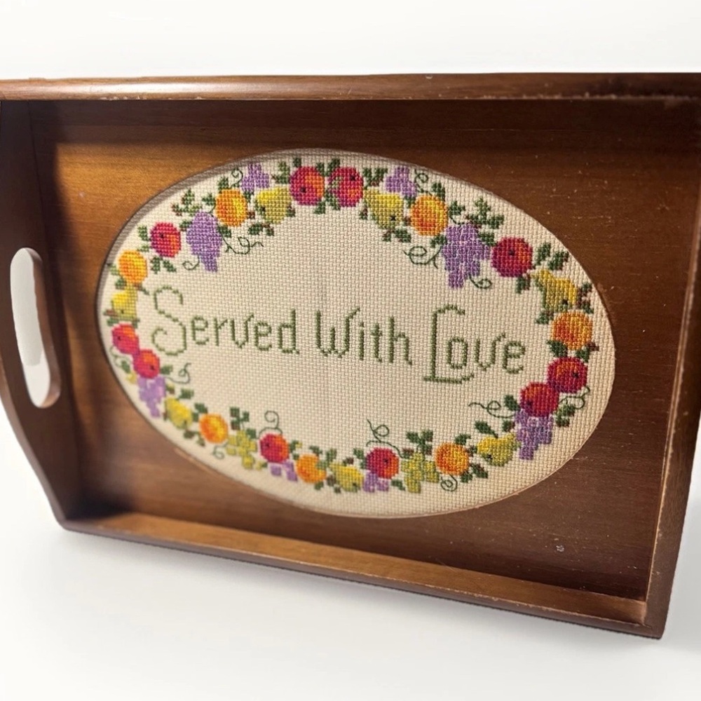 Vintage Wooden Serving Tray - "Served With Love" Cross-Stitch